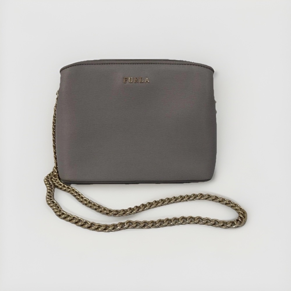 Furla Grey Saffiano Leather Crossbody Bag Gold Chain Strap Triple Compartment